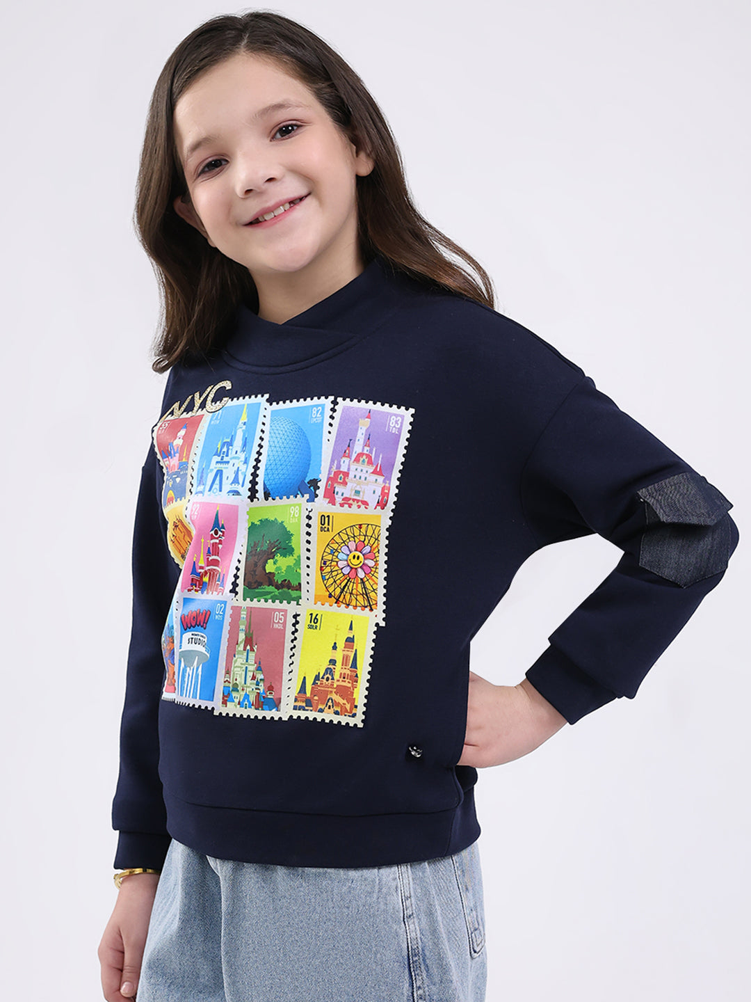 Girls Navy Blue Printed Mock Neck Full Sleeve Sweatshirt