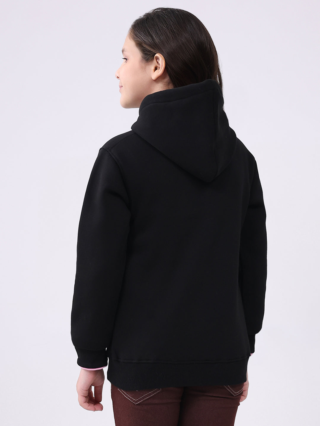 Girls Black Printed Hooded Full Sleeve Sweatshirt