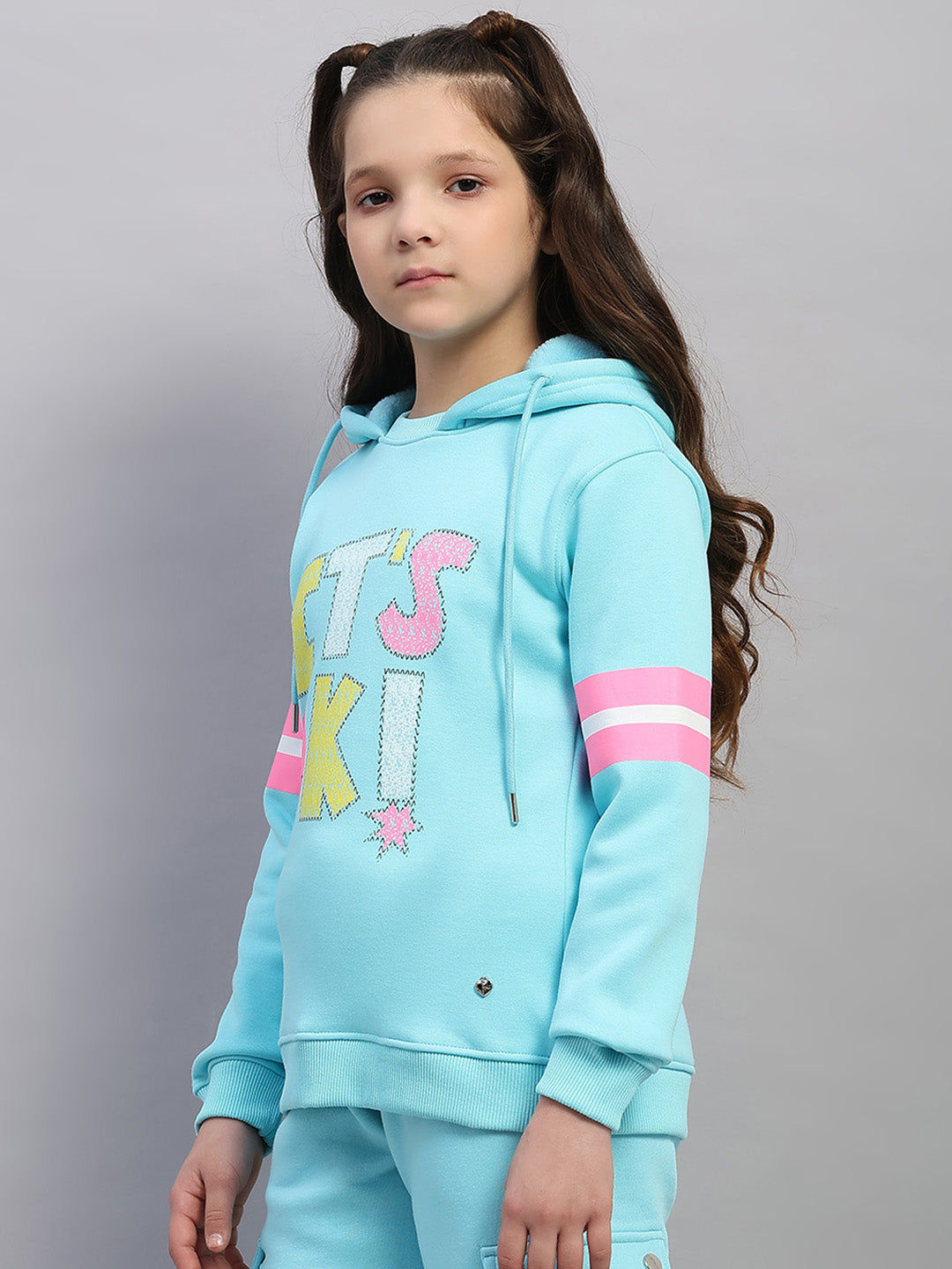 Girls Blue Printed Hooded Full Sleeve Sweatshirt