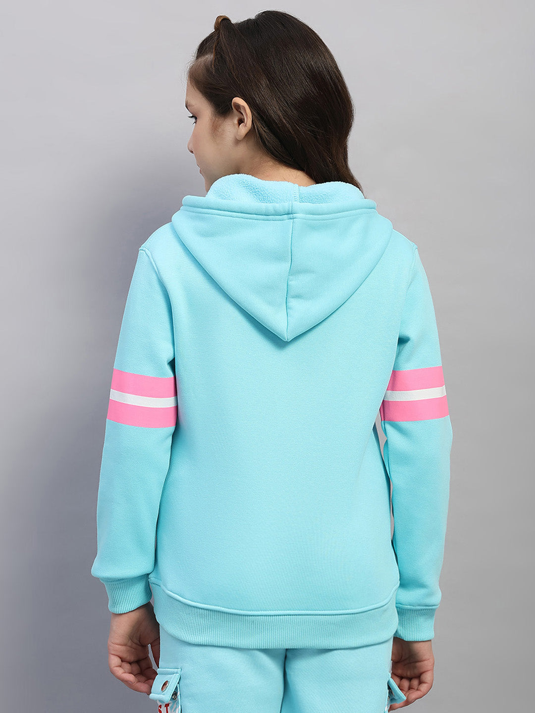 Girls Blue Printed Hooded Full Sleeve Sweatshirt