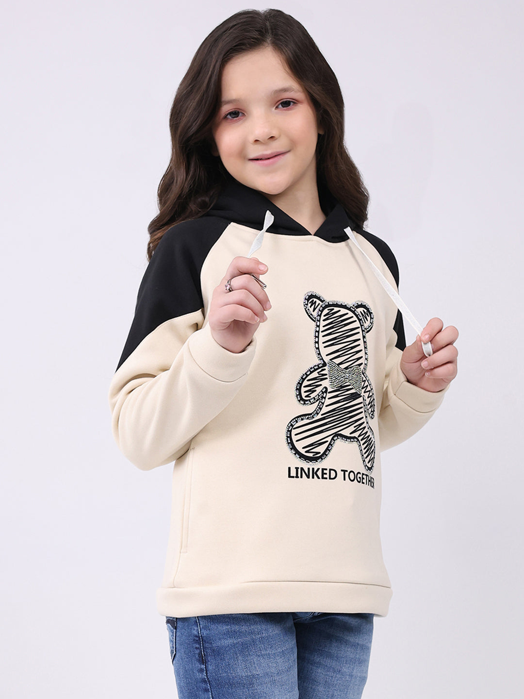 Girls Cream Printed Hooded Full Sleeve Sweatshirt