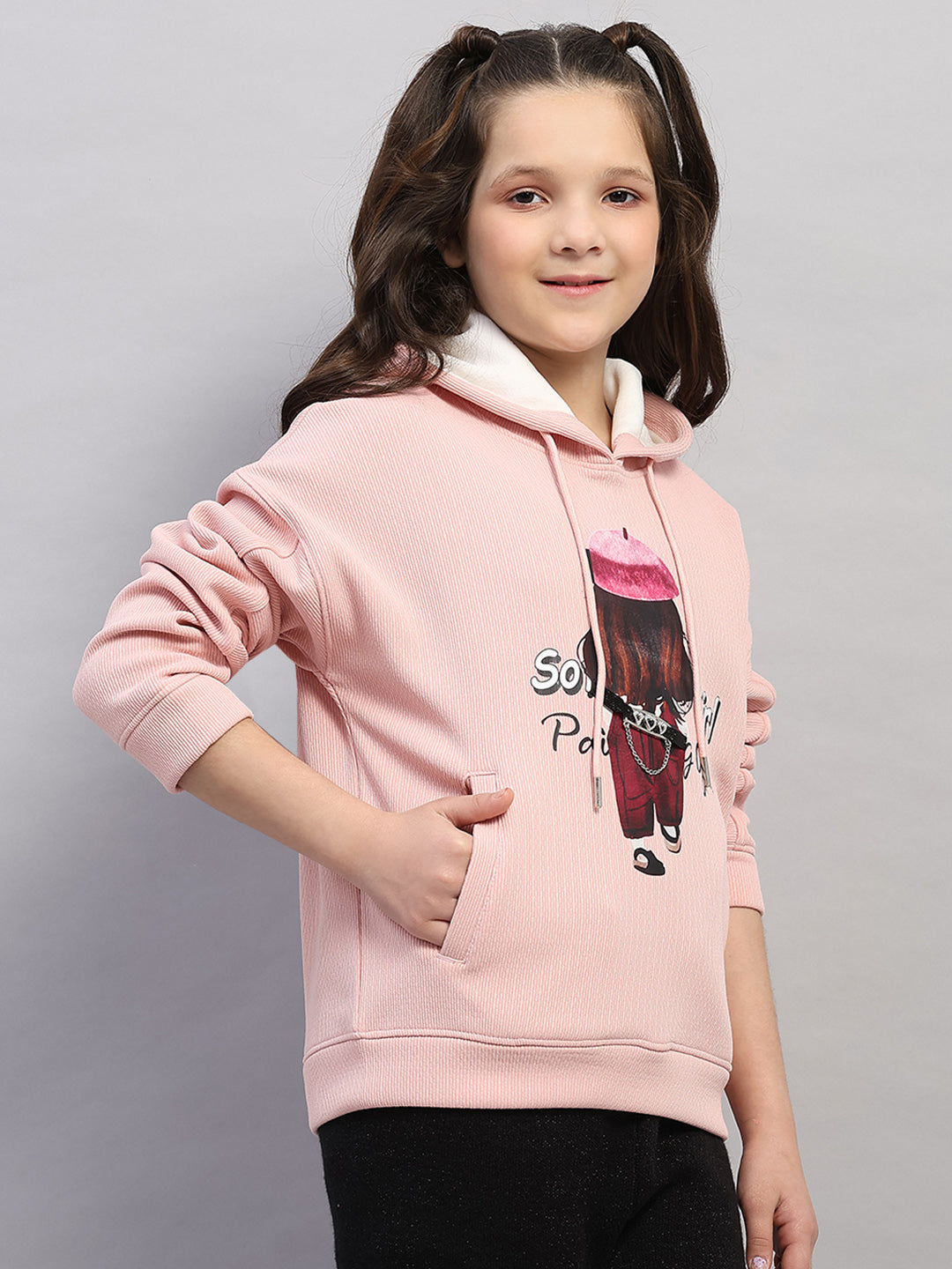 Girls Pink Printed Hooded Full Sleeve Sweatshirt