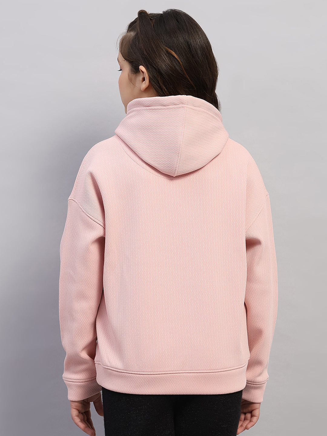 Girls Pink Printed Hooded Full Sleeve Sweatshirt
