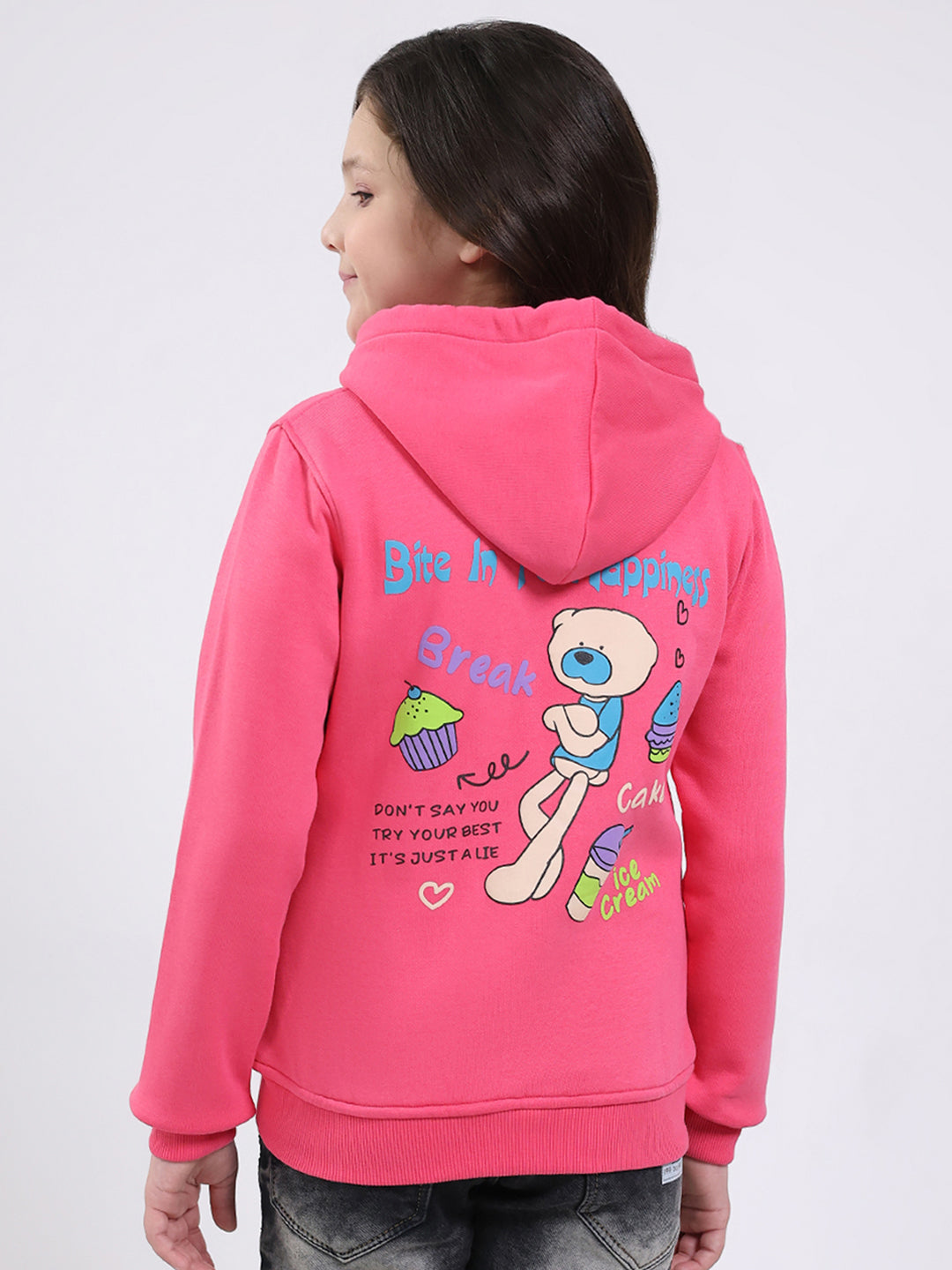 Girls Pink Printed Hooded Full Sleeve Sweatshirt