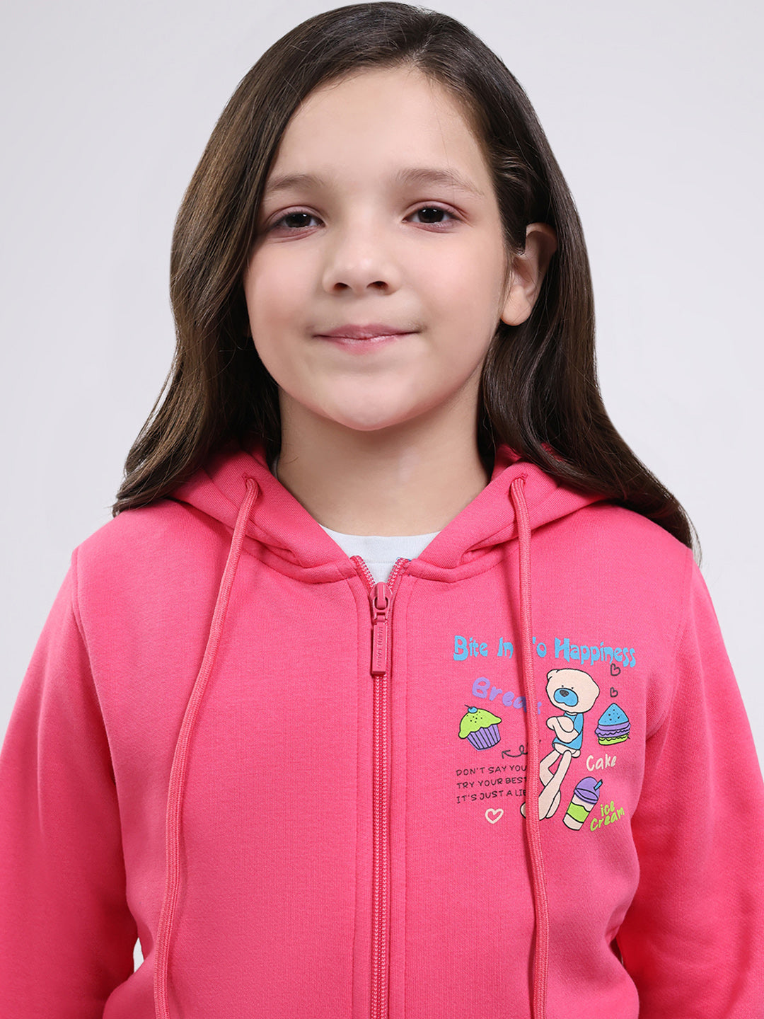 Girls Pink Printed Hooded Full Sleeve Sweatshirt