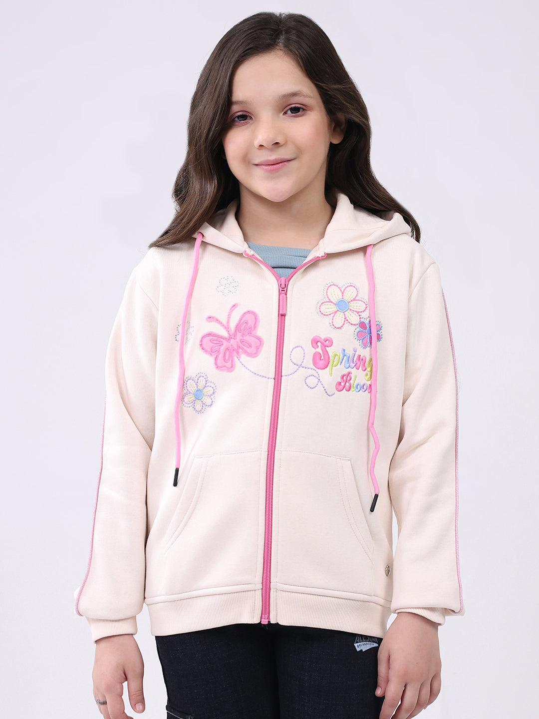 Girls Cream Self Design Hooded Full Sleeve Sweatshirt