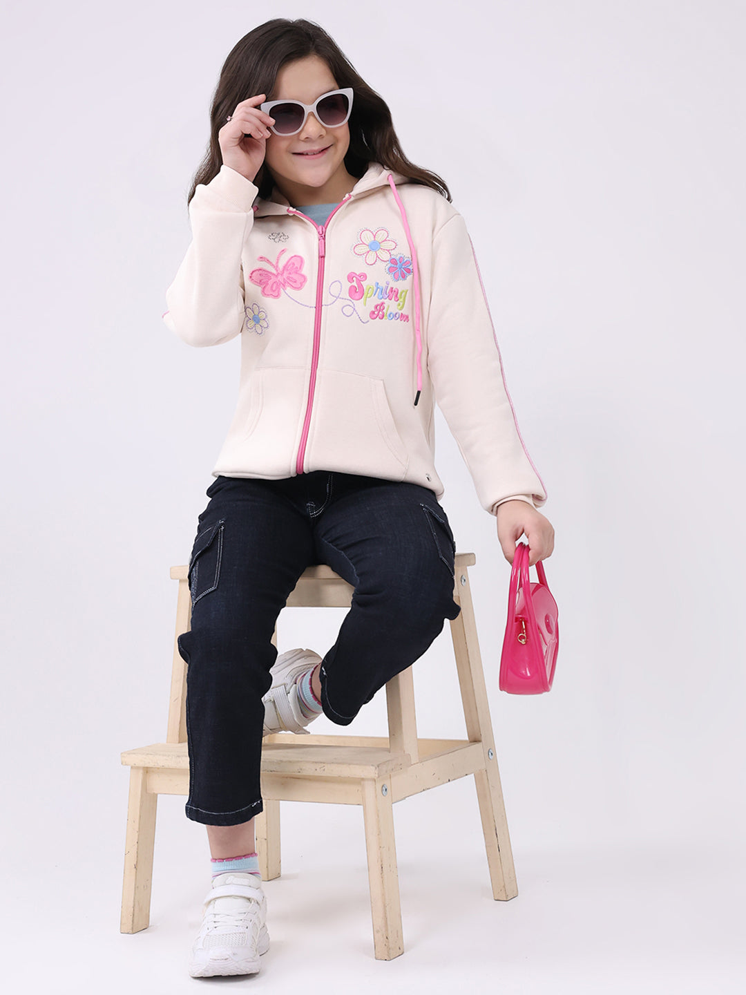 Girls Cream Self Design Hooded Full Sleeve Sweatshirt