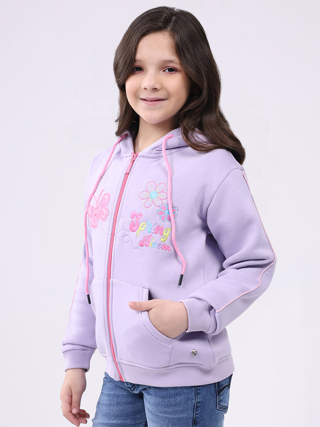 Girls Purple Self Design Hooded Full Sleeve Sweatshirt