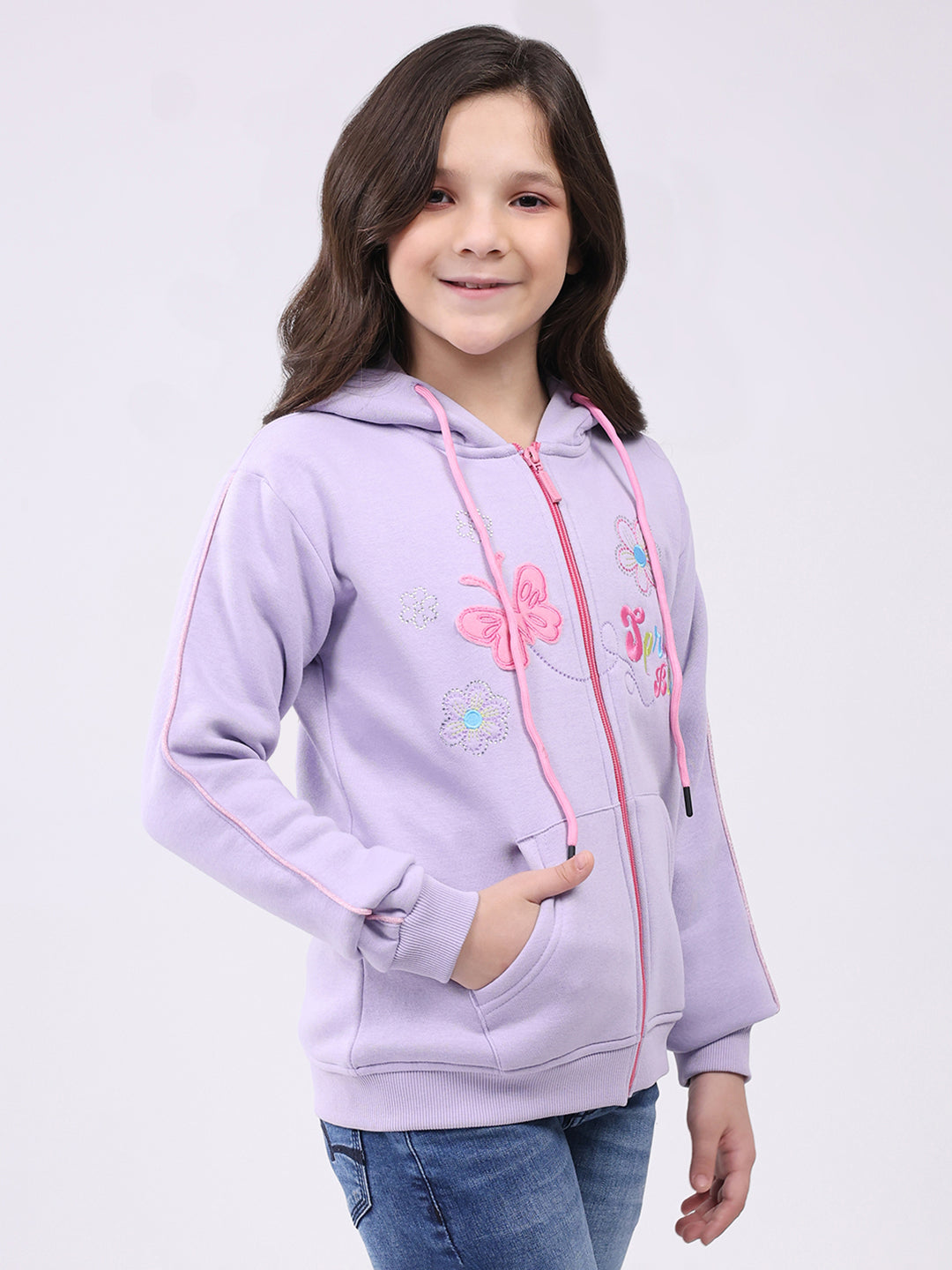 Girls Purple Self Design Hooded Full Sleeve Sweatshirt