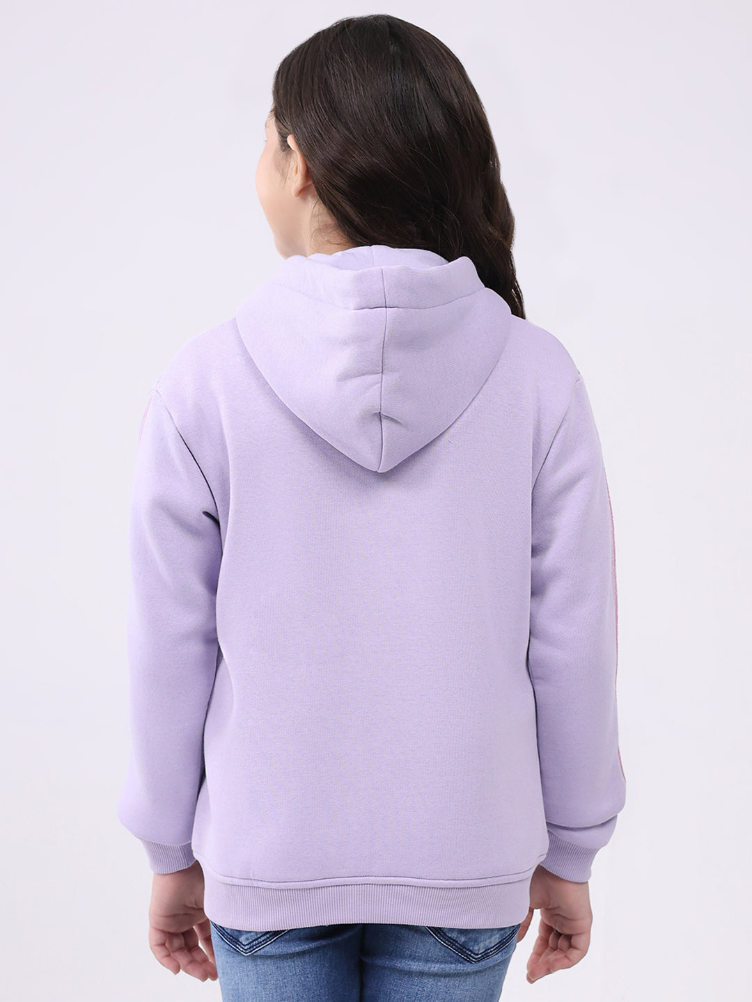 Girls Purple Self Design Hooded Full Sleeve Sweatshirt