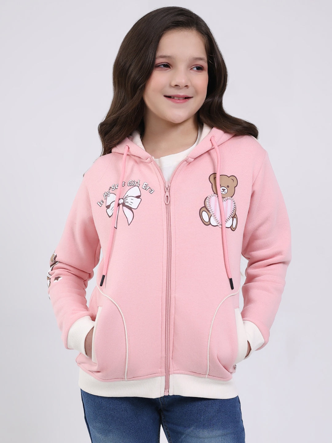 Girls Peach Printed Hooded Full Sleeve Sweatshirt