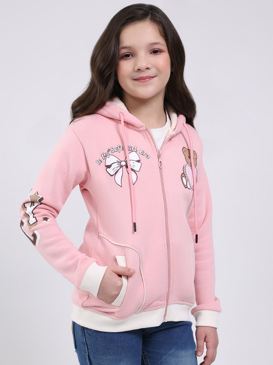 Girls Peach Printed Hooded Full Sleeve Sweatshirt