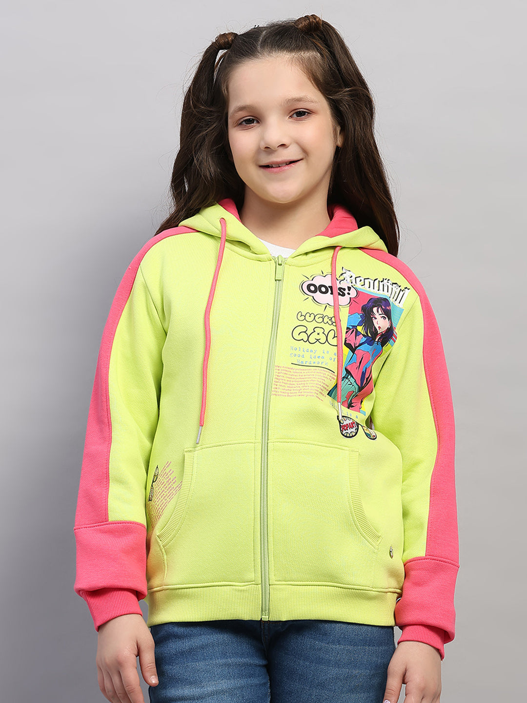 Girls Green Printed Hooded Full Sleeve Sweatshirt
