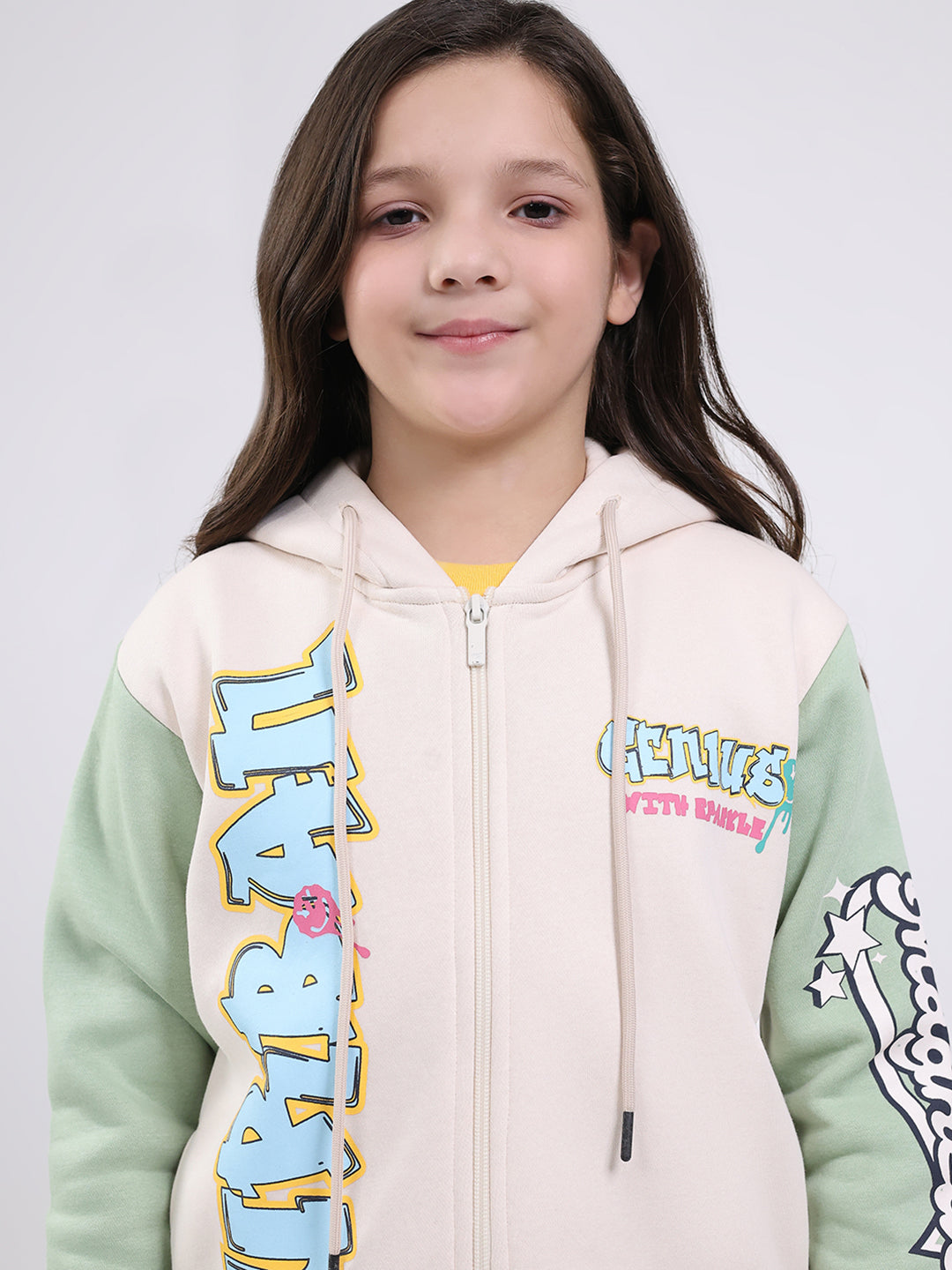 Girls Cream Printed Hooded Full Sleeve Sweatshirt