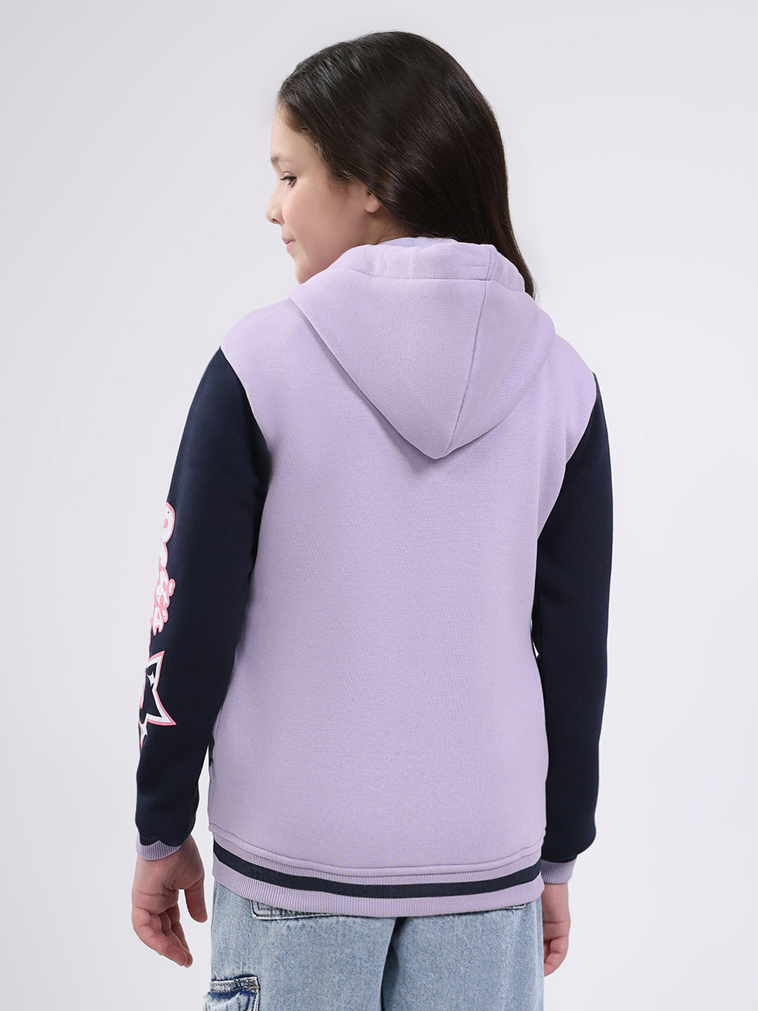 Girls Purple Printed Hooded Full Sleeve Sweatshirt