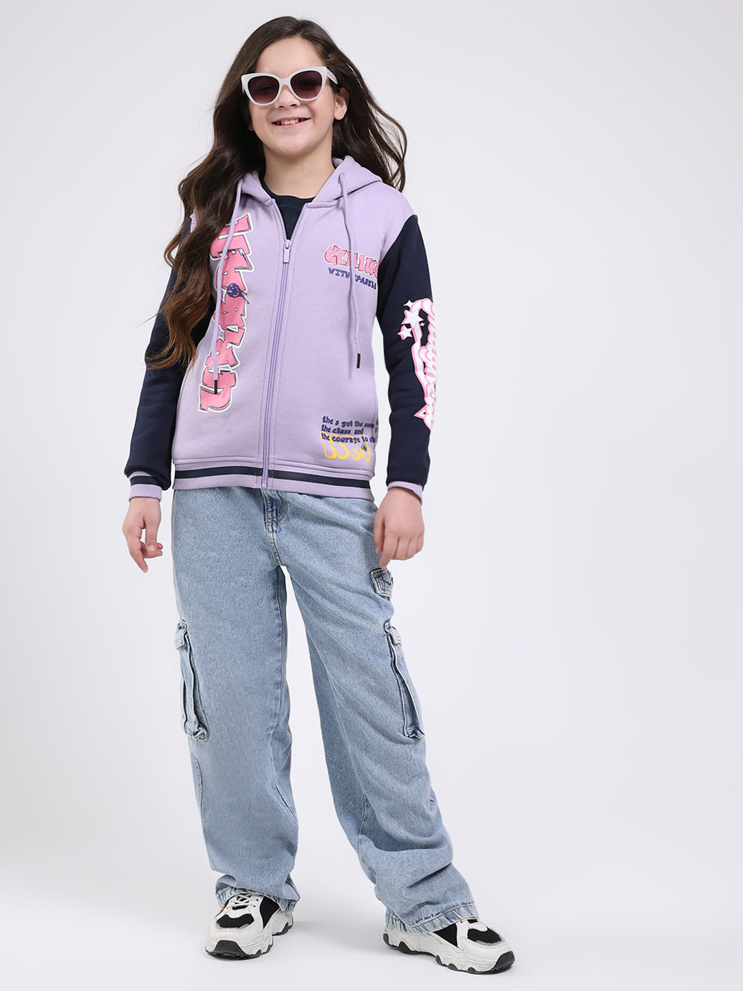 Girls Purple Printed Hooded Full Sleeve Sweatshirt