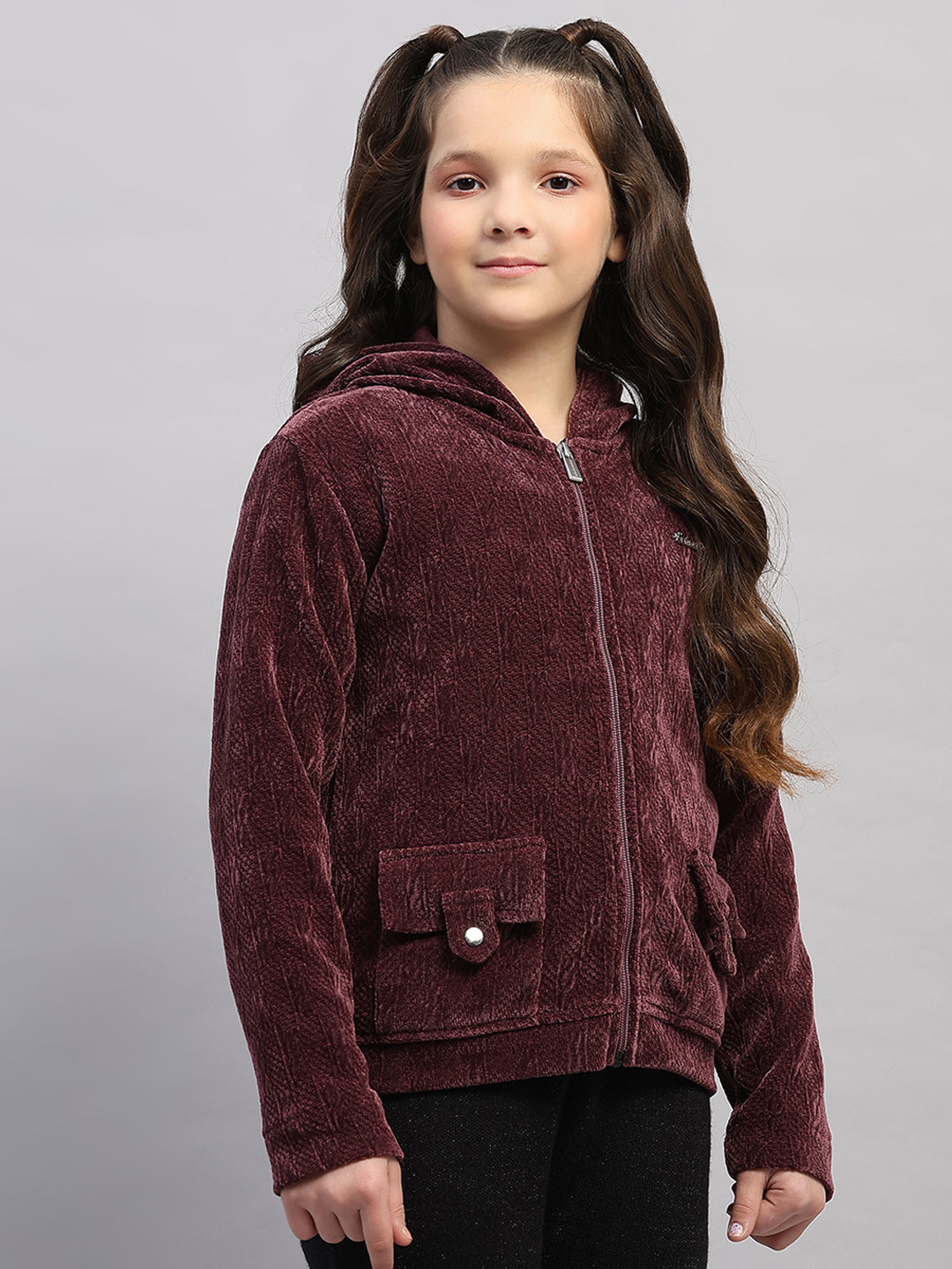 Girls Burgundy Self Design Hooded Full Sleeve Sweatshirt
