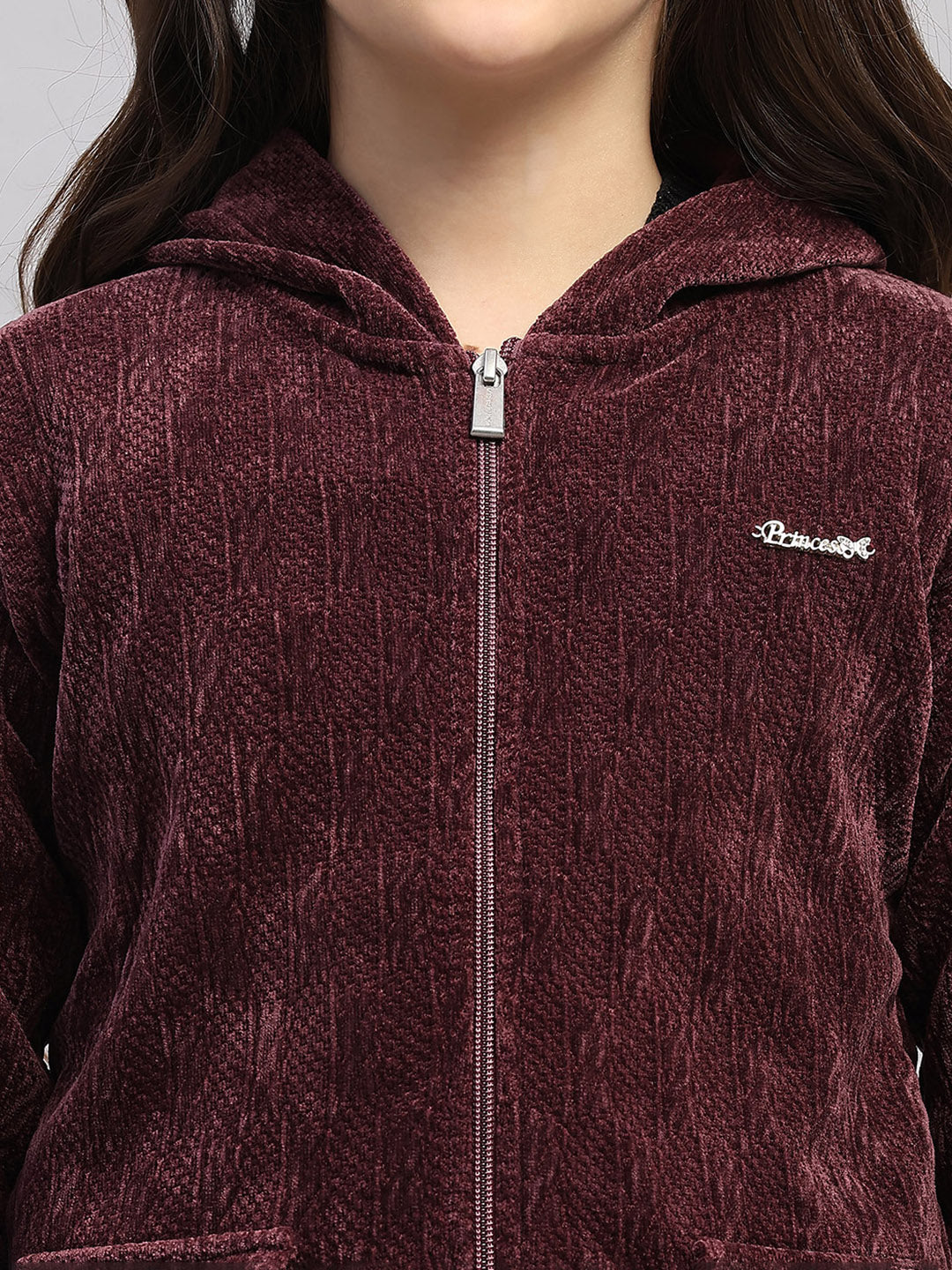 Girls Burgundy Self Design Hooded Full Sleeve Sweatshirt