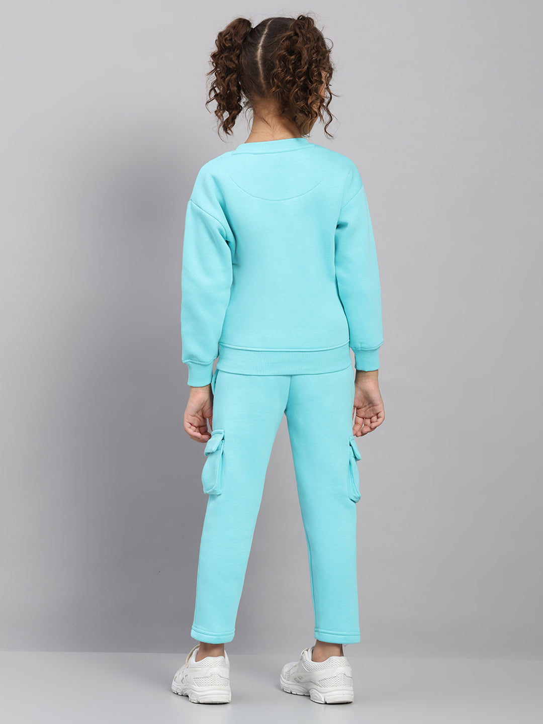 Girls Blue Printed Round Neck Full Sleeve Tracksuit