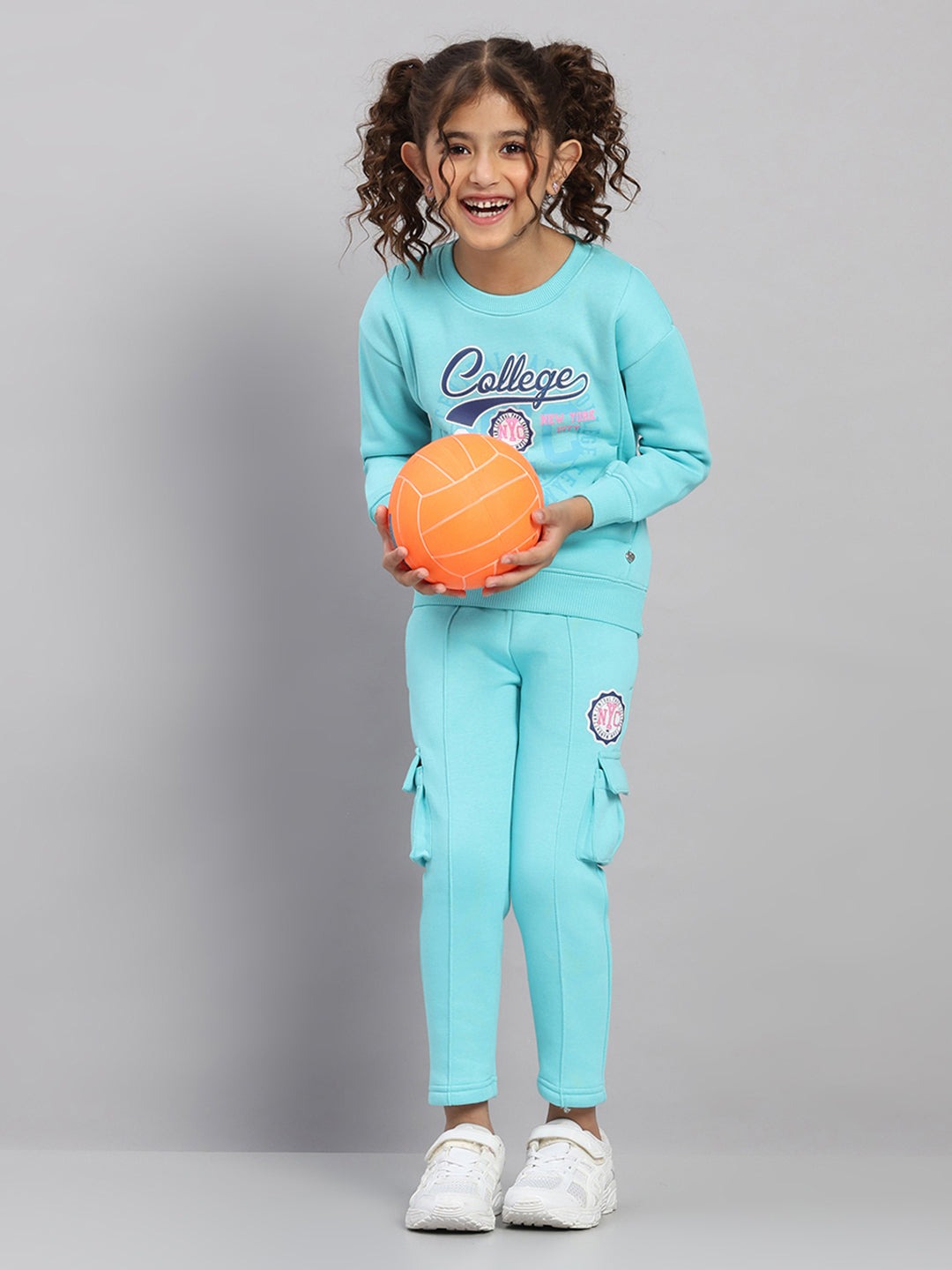 Girls Blue Printed Round Neck Full Sleeve Tracksuit