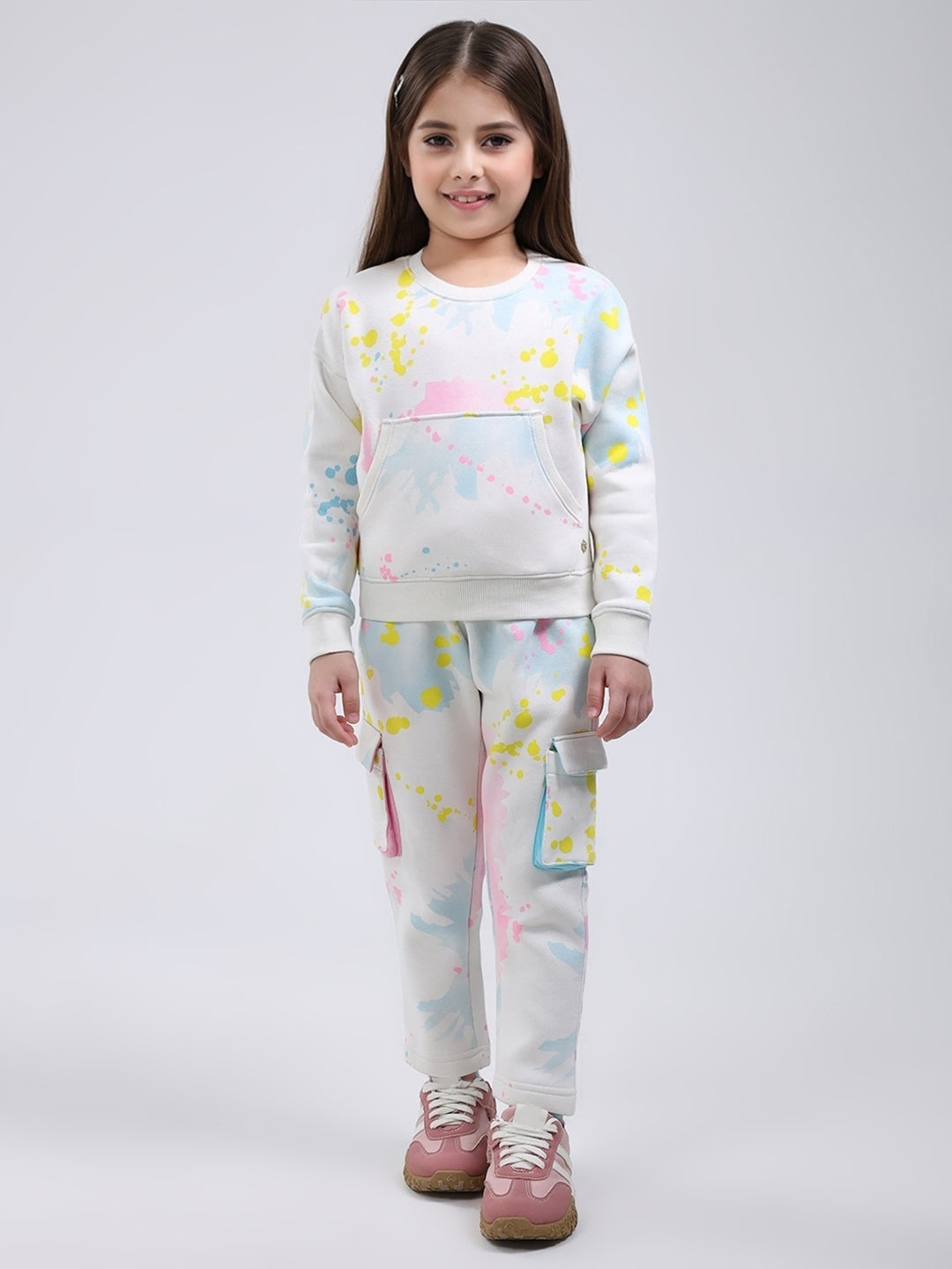 Girls Off White Printed Round Neck Full Sleeve Tracksuit