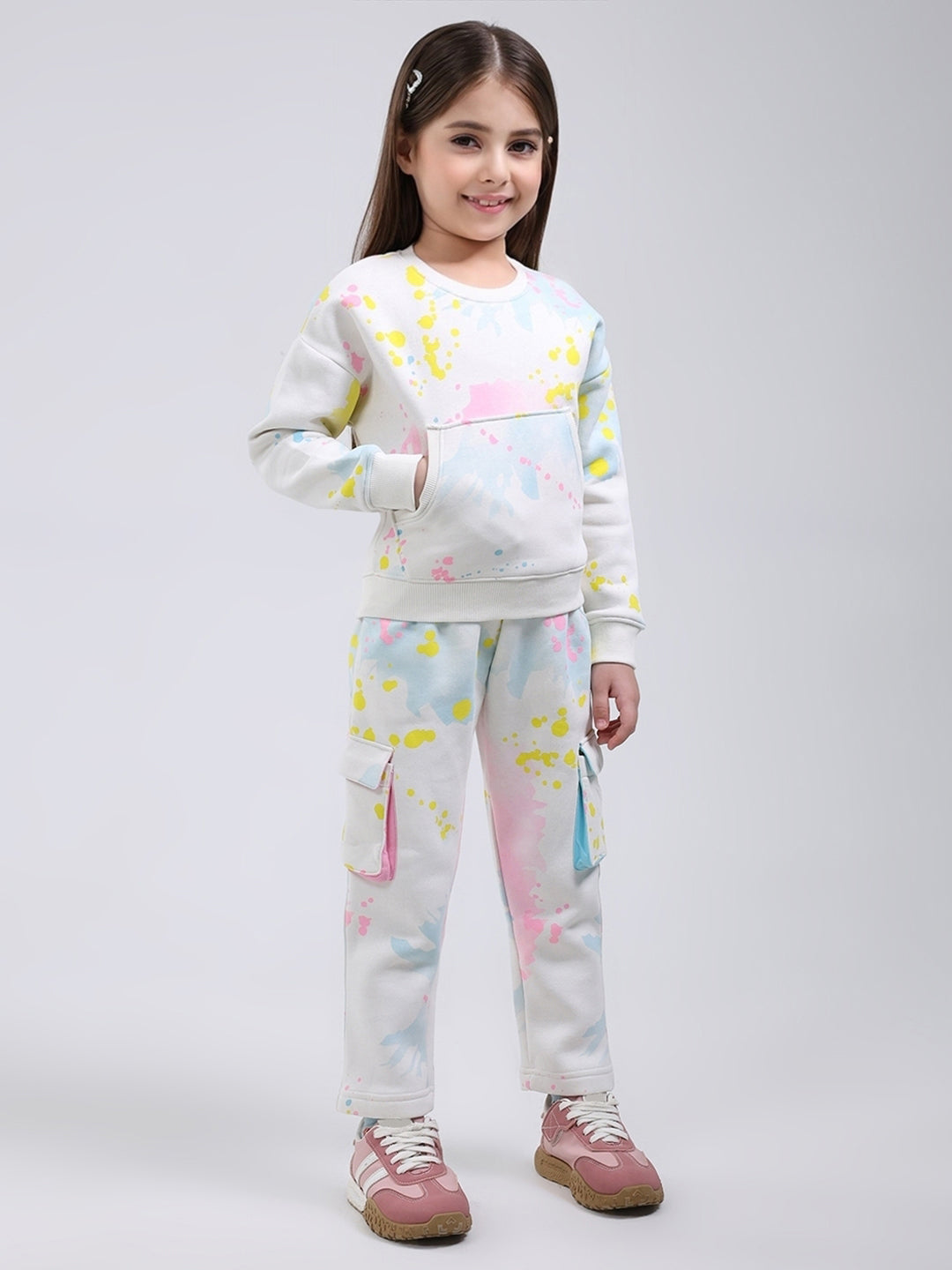 Girls Off White Printed Round Neck Full Sleeve Tracksuit