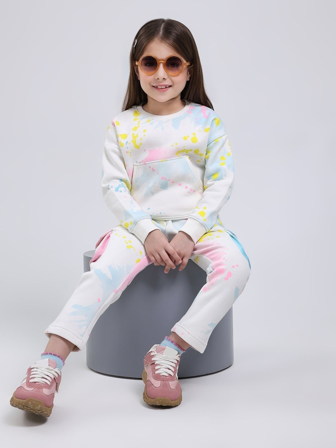 Girls Off White Printed Round Neck Full Sleeve Tracksuit
