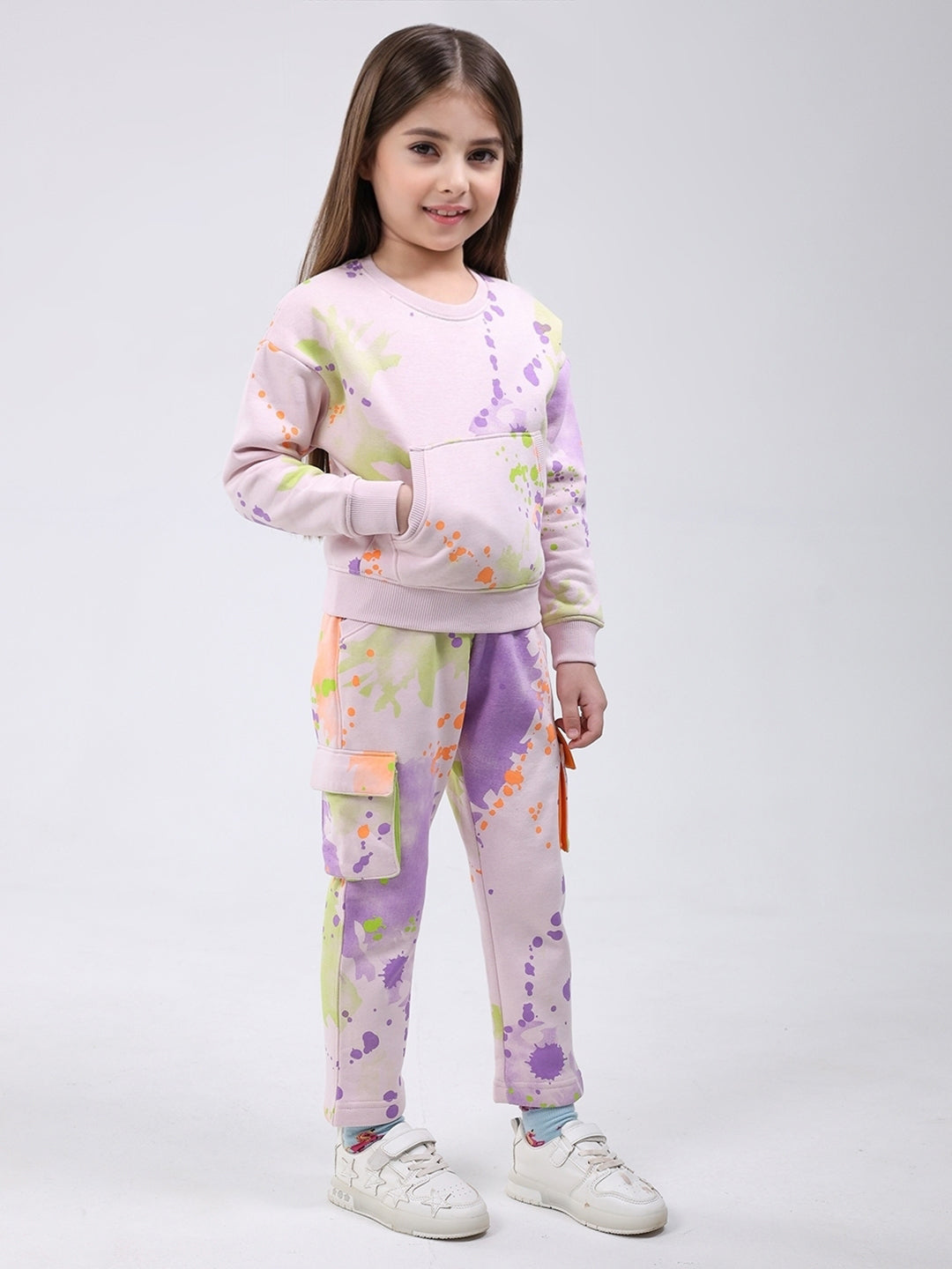 Girls Pink Printed Round Neck Full Sleeve Tracksuit