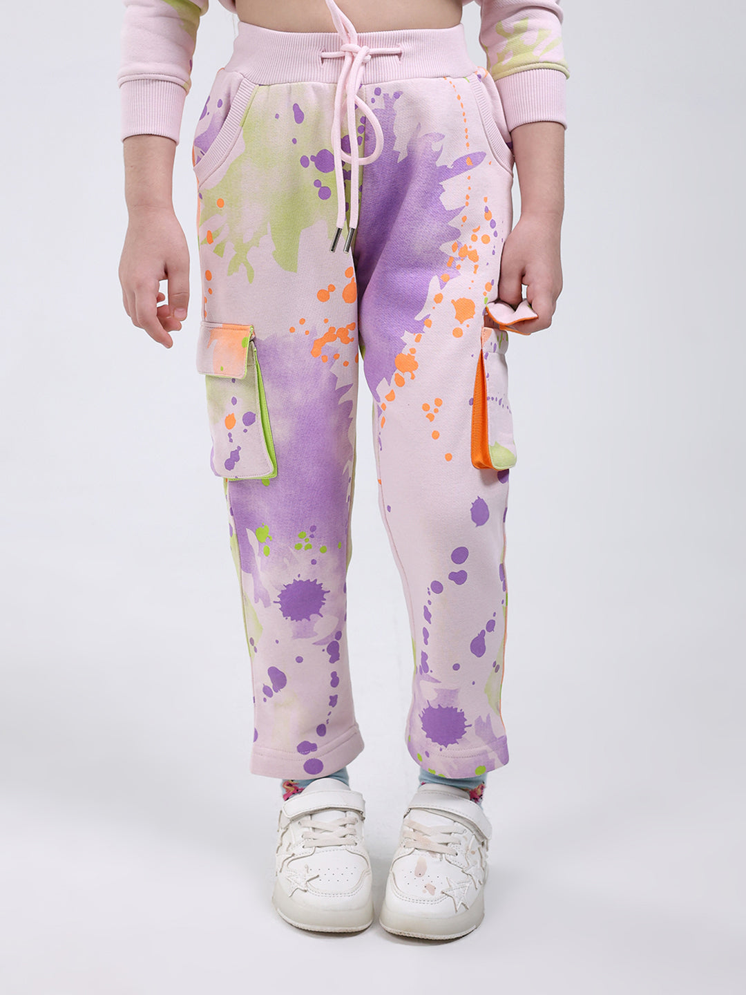 Girls Pink Printed Round Neck Full Sleeve Tracksuit