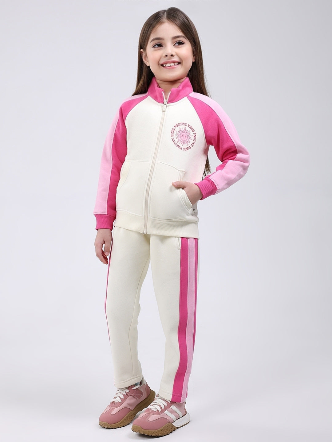 Girls Cream Printed Mock Neck Full Sleeve Tracksuit