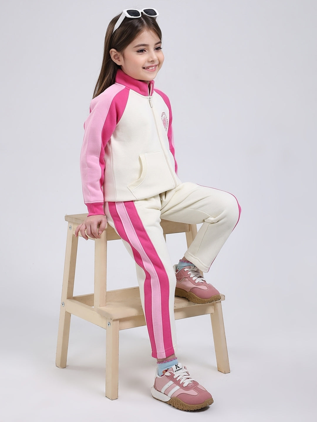 Girls Cream Printed Mock Neck Full Sleeve Tracksuit