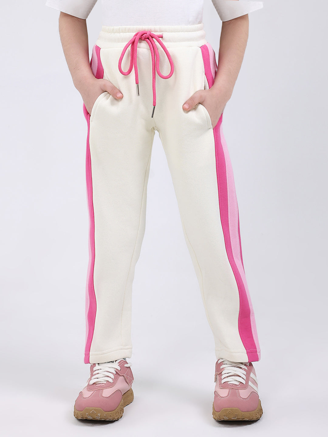 Girls Cream Printed Mock Neck Full Sleeve Tracksuit