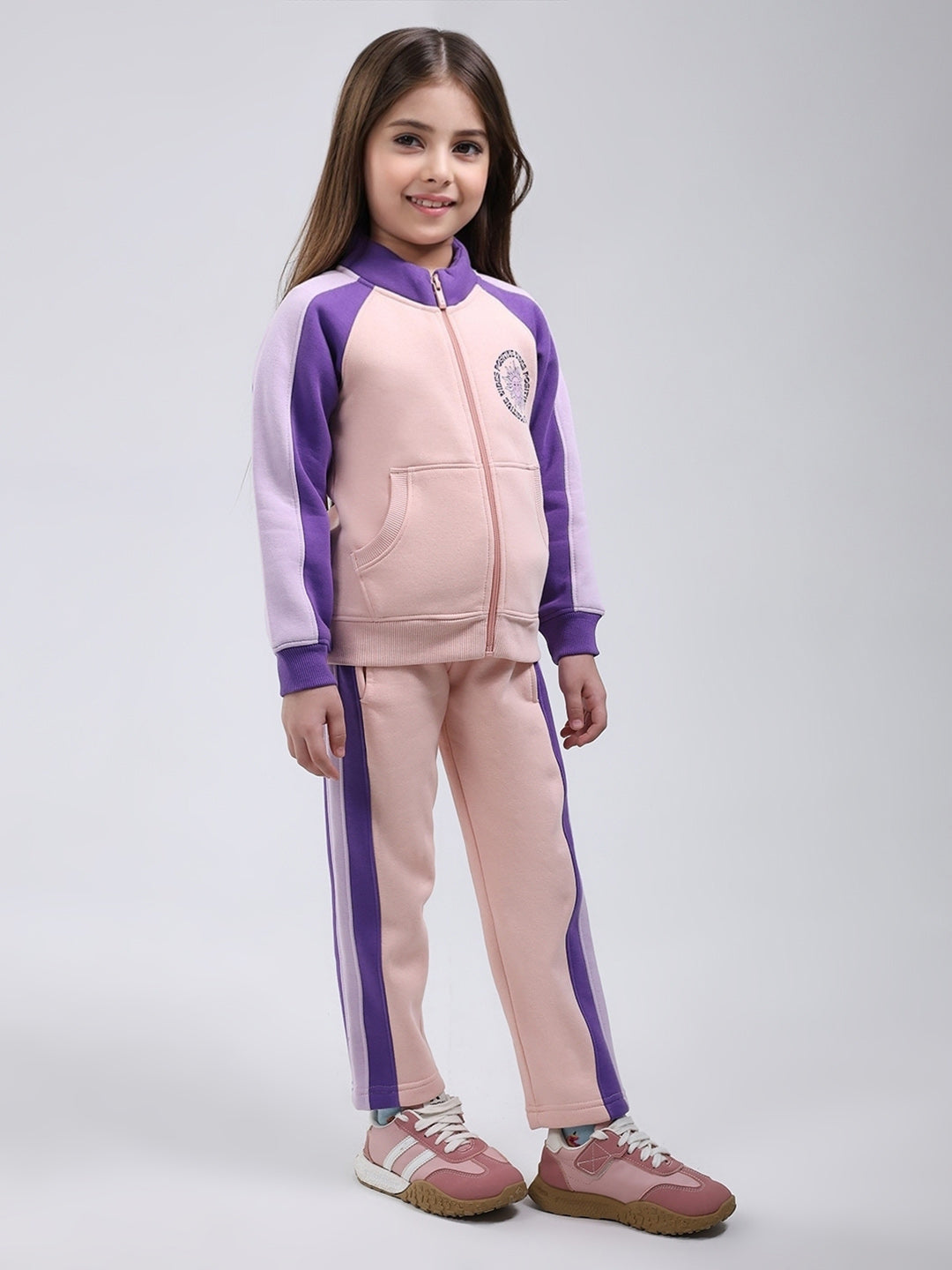 Girls Peach Printed Mock Neck Full Sleeve Tracksuit