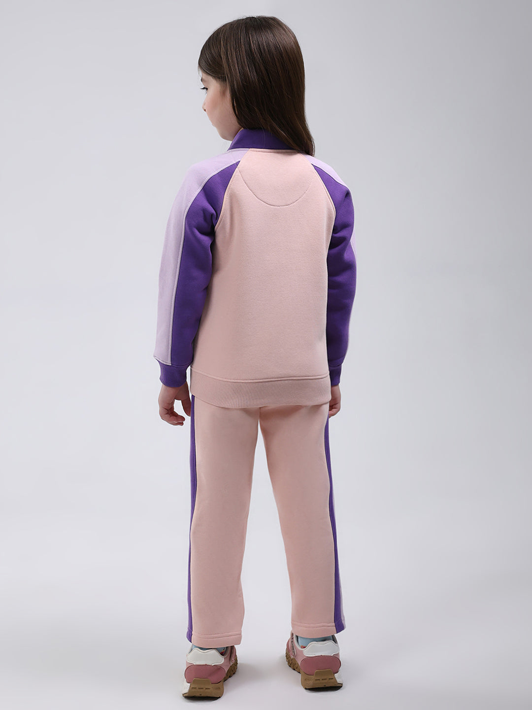Girls Peach Printed Mock Neck Full Sleeve Tracksuit