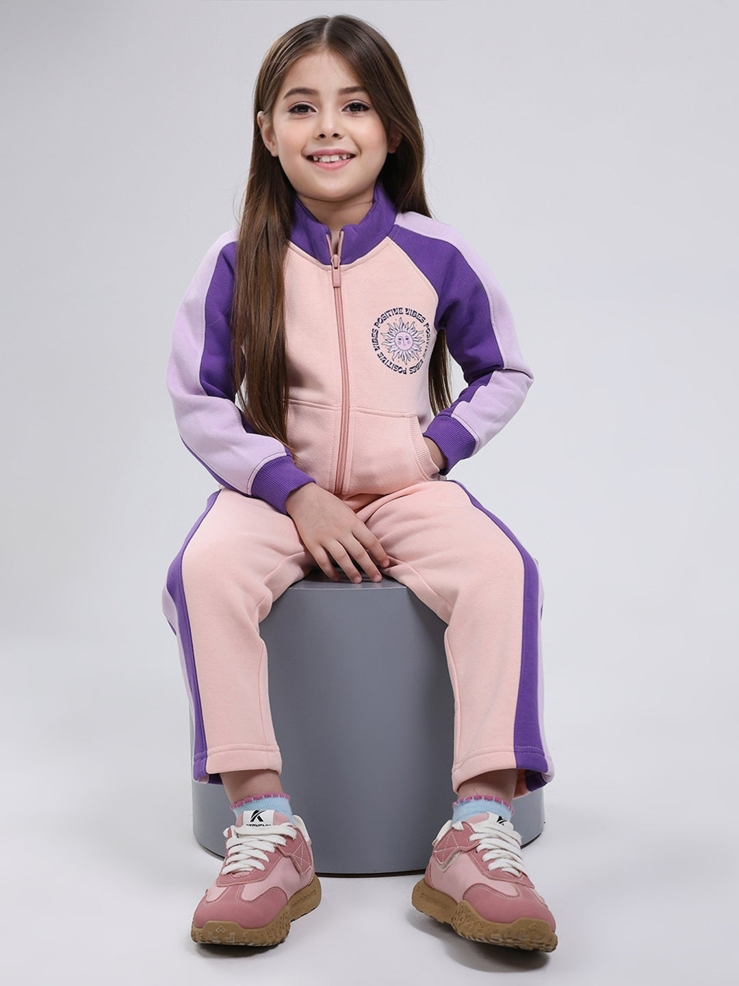 Girls Peach Printed Mock Neck Full Sleeve Tracksuit