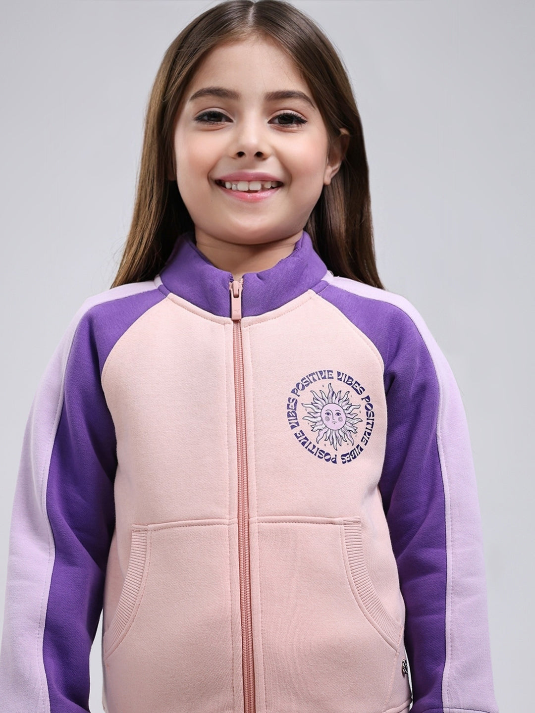 Girls Peach Printed Mock Neck Full Sleeve Tracksuit
