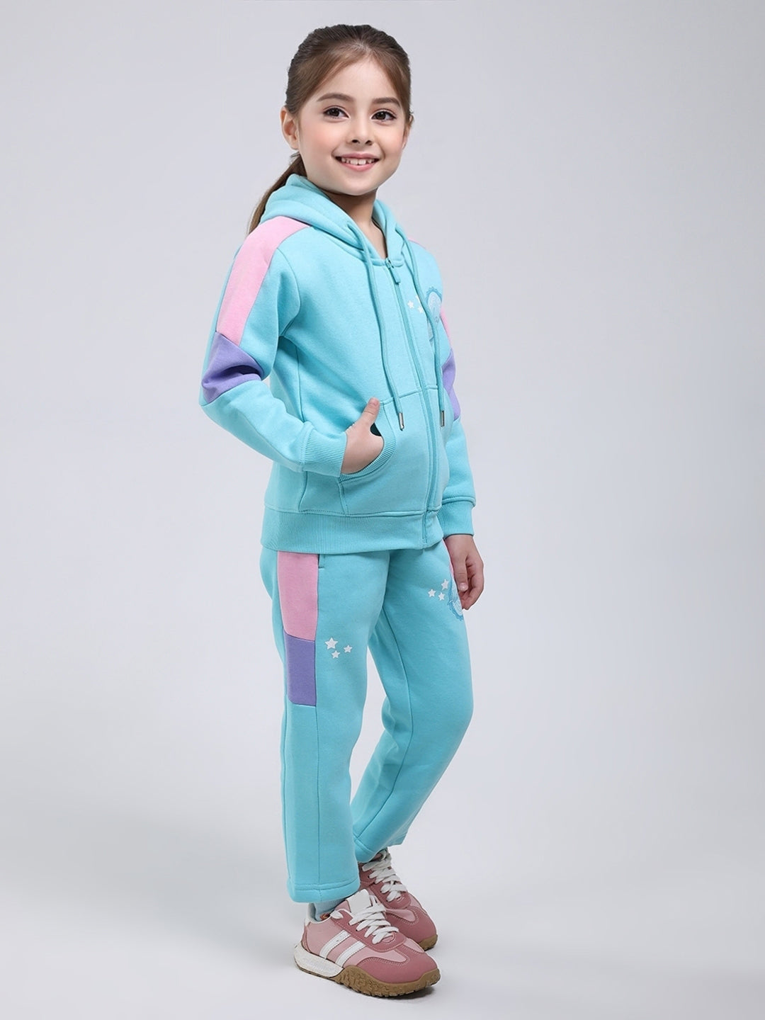 Girls Blue Printed Hooded Full Sleeve Tracksuit