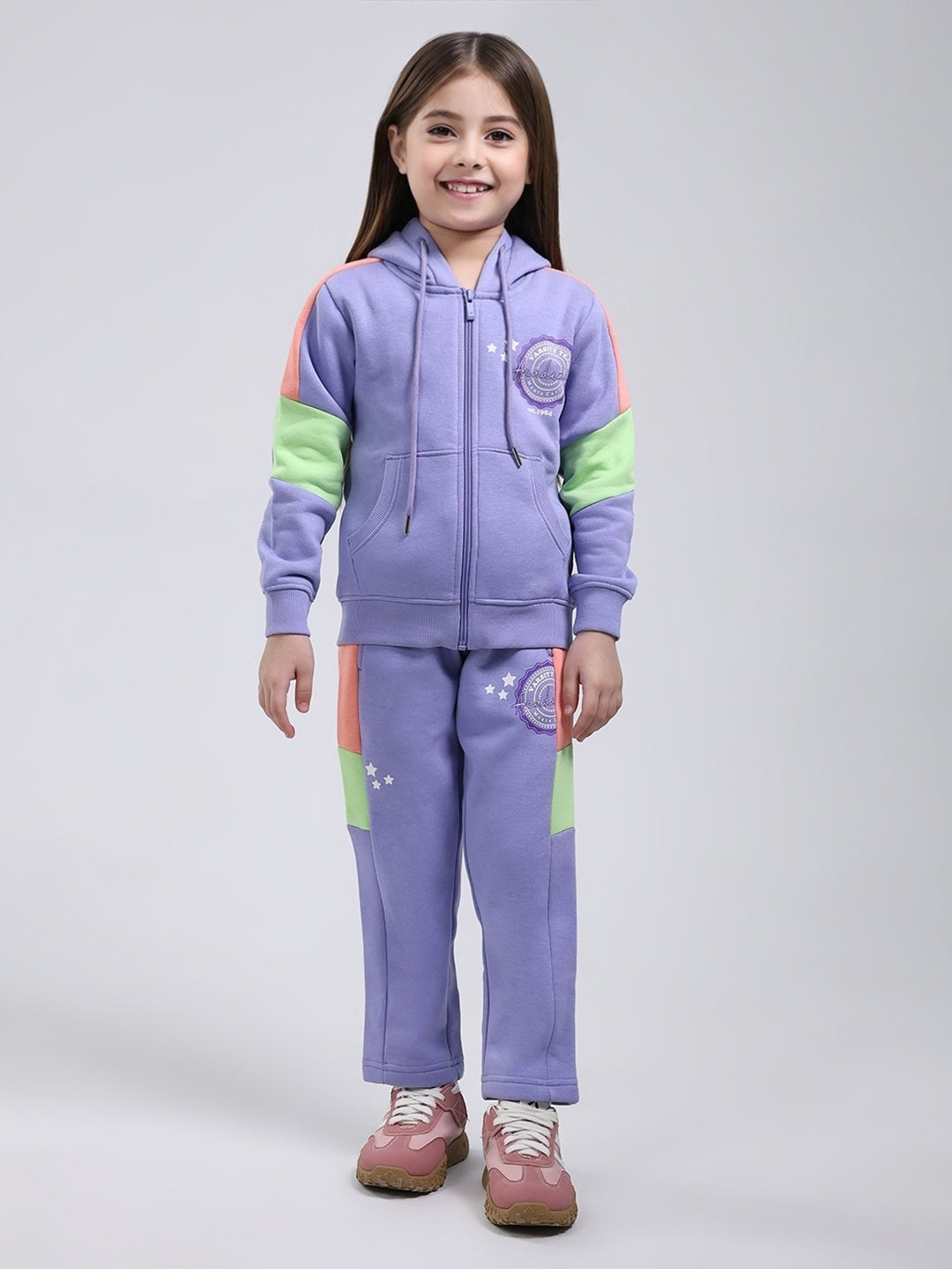 Girls Purple Printed Hooded Full Sleeve Tracksuit