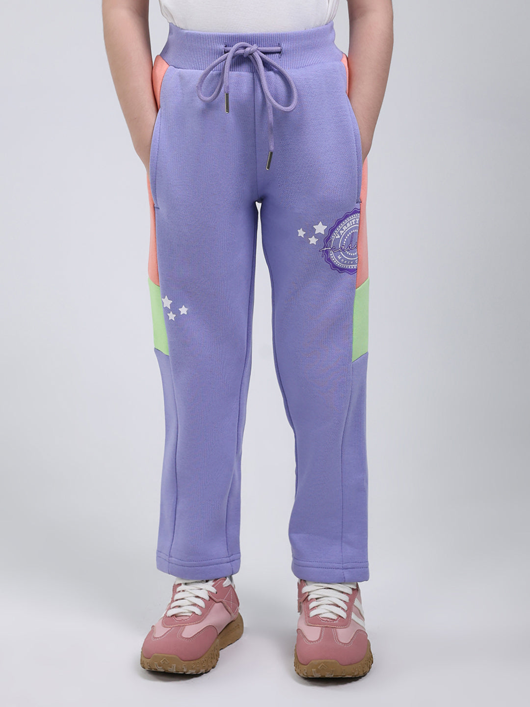 Girls Purple Printed Hooded Full Sleeve Tracksuit