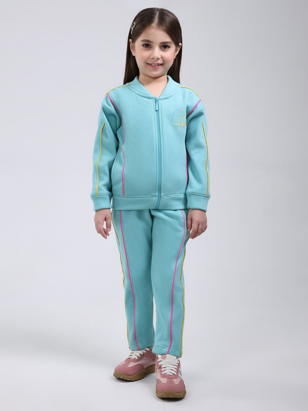 Girls Blue Printed Mock Neck Full Sleeve Tracksuit