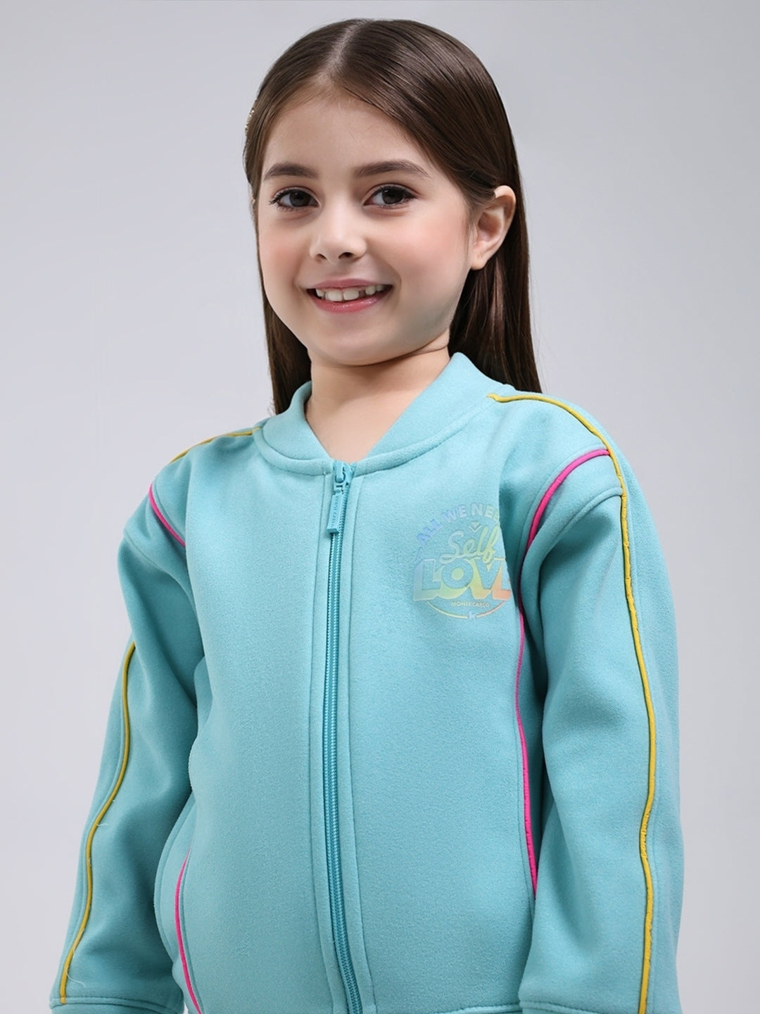 Girls Blue Printed Mock Neck Full Sleeve Tracksuit