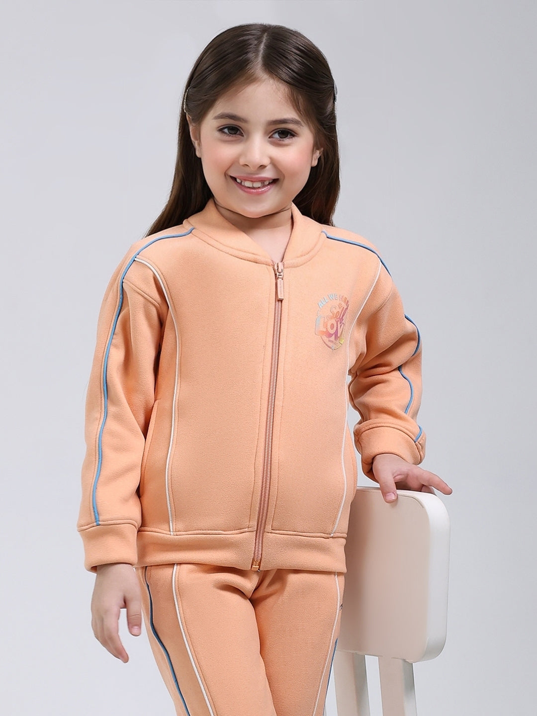 Girls Peach Printed Mock Neck Full Sleeve Tracksuit