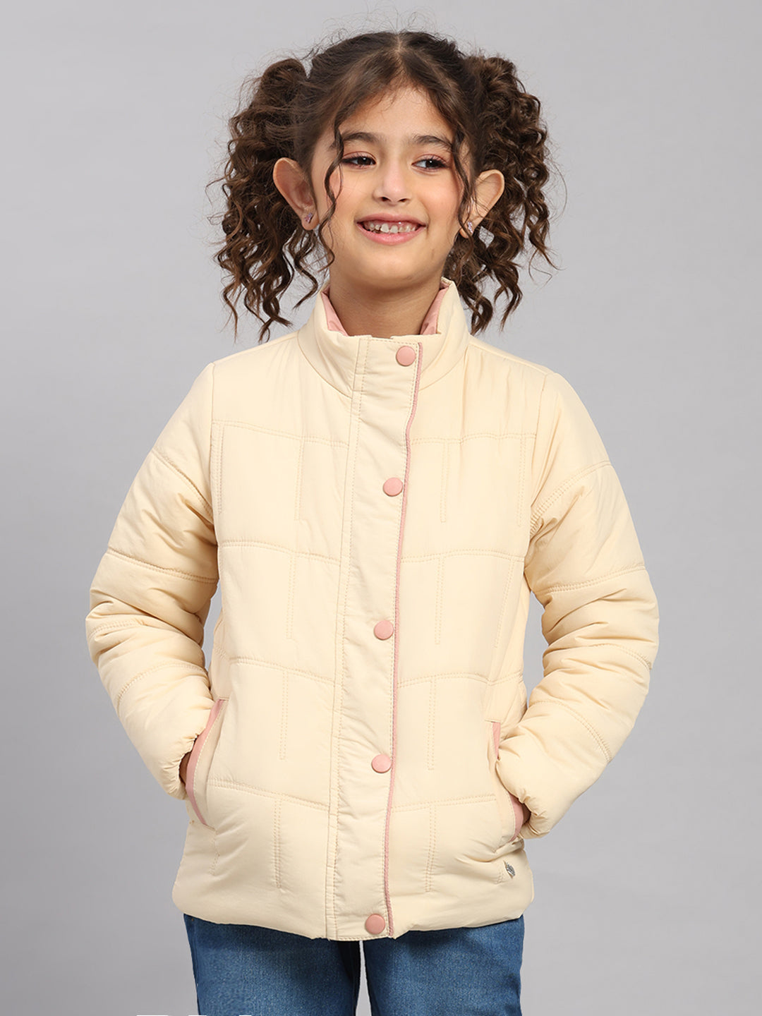 Girls Beige Solid Collar Full Sleeve Jacket