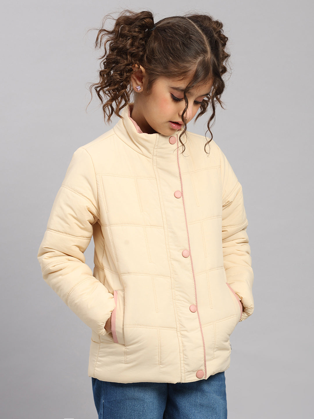 Girls Beige Solid Collar Full Sleeve Jacket