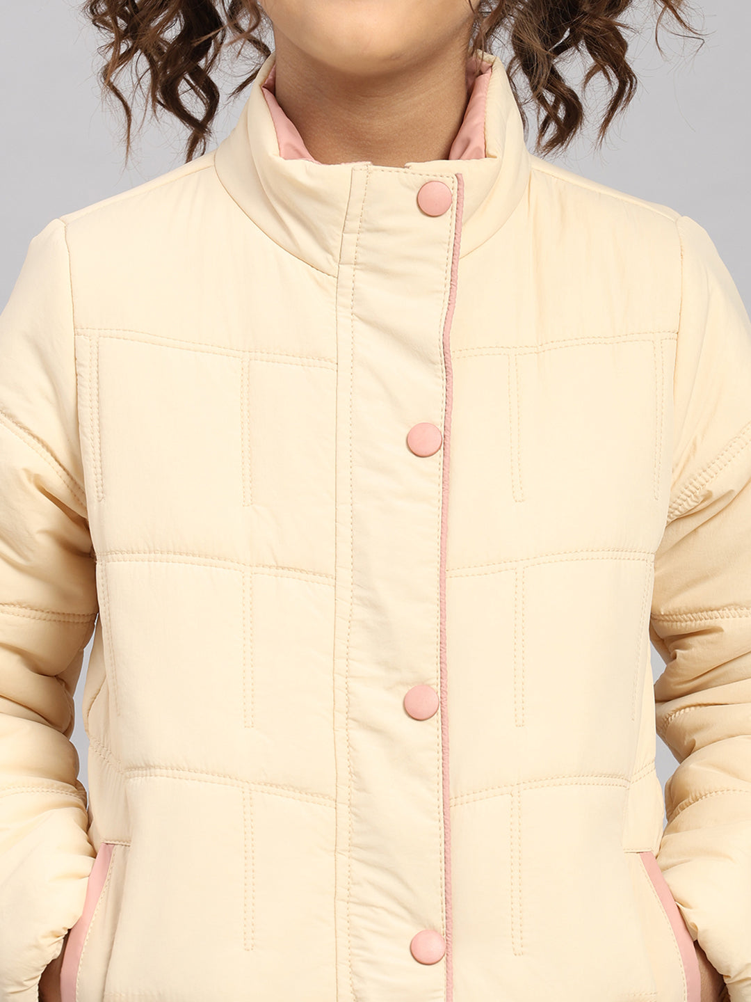 Girls Beige Solid Collar Full Sleeve Jacket