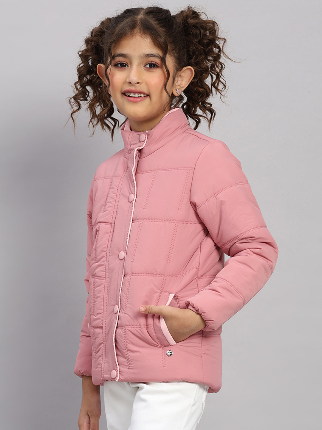 Girls Pink Solid Collar Full Sleeve Jacket