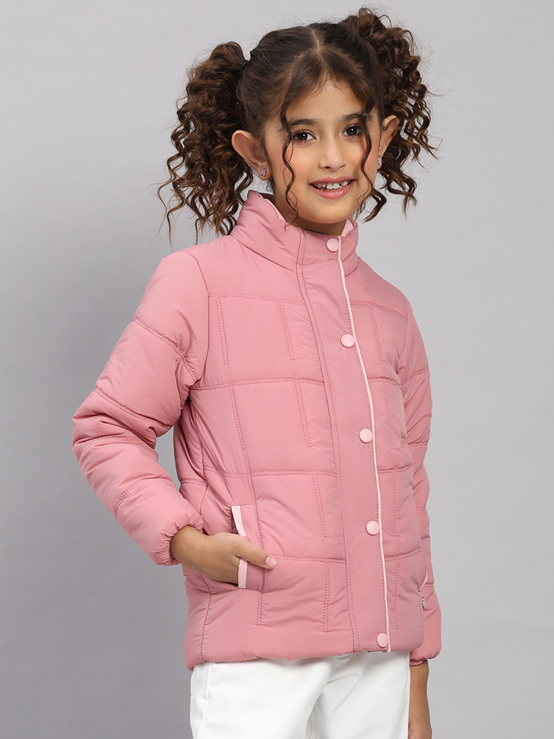 Girls Pink Solid Collar Full Sleeve Jacket
