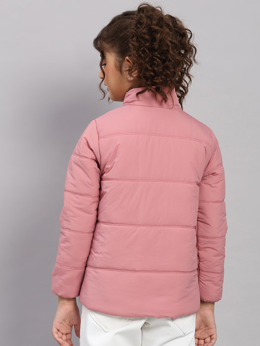 Girls Pink Solid Collar Full Sleeve Jacket