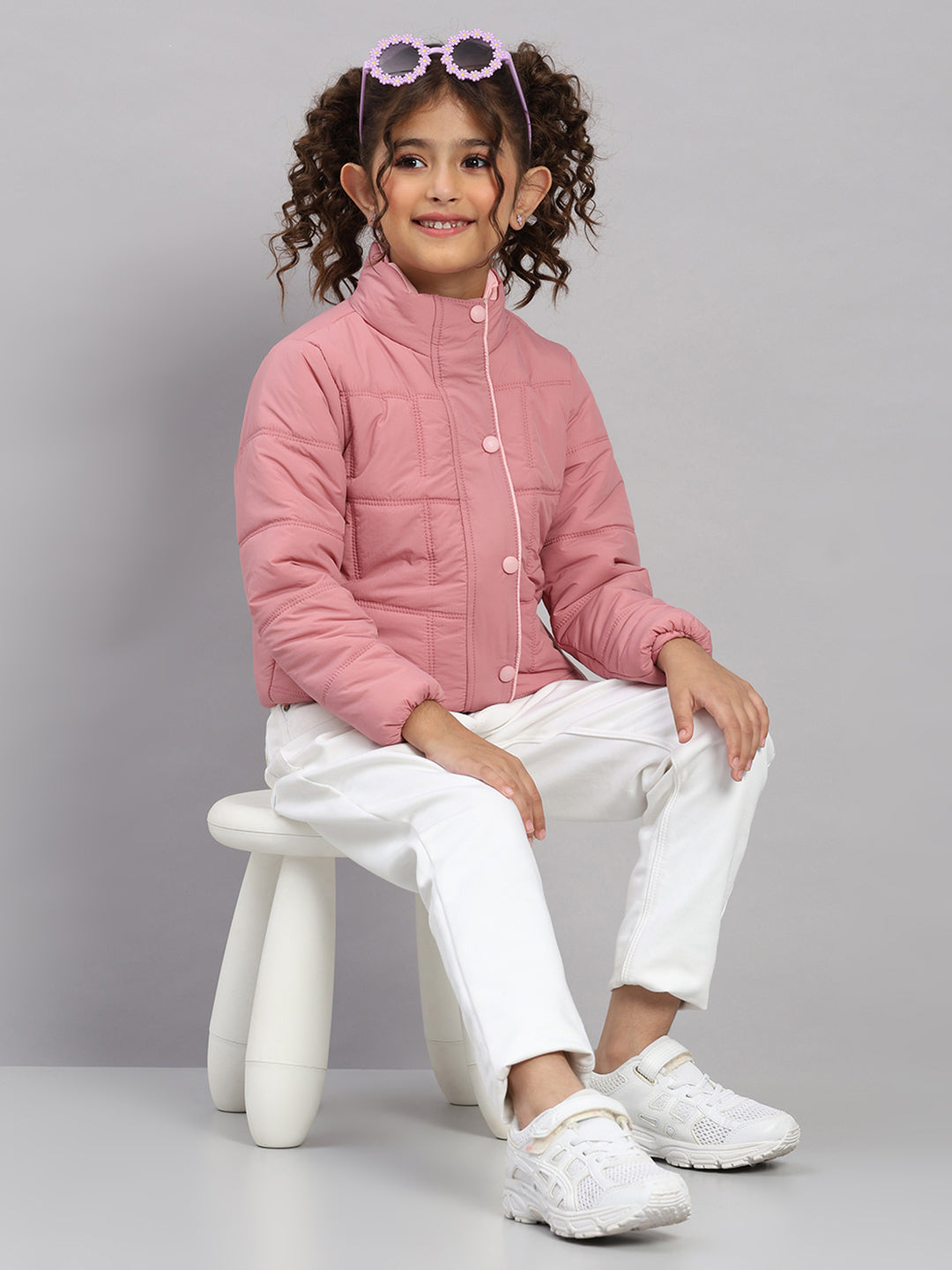 Girls Pink Solid Collar Full Sleeve Jacket