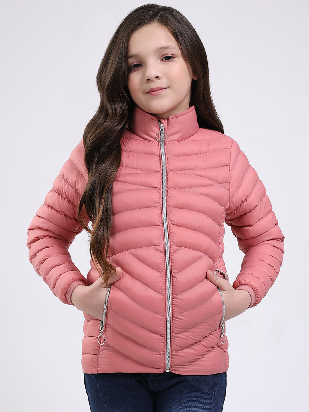 Girls Peach Solid Mock Neck Full Sleeve Jacket